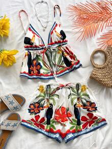 Soleia Women's Tropical Plant Print Camisole And Shorts Casual 2 Pieces Set - Multicolor - View 1