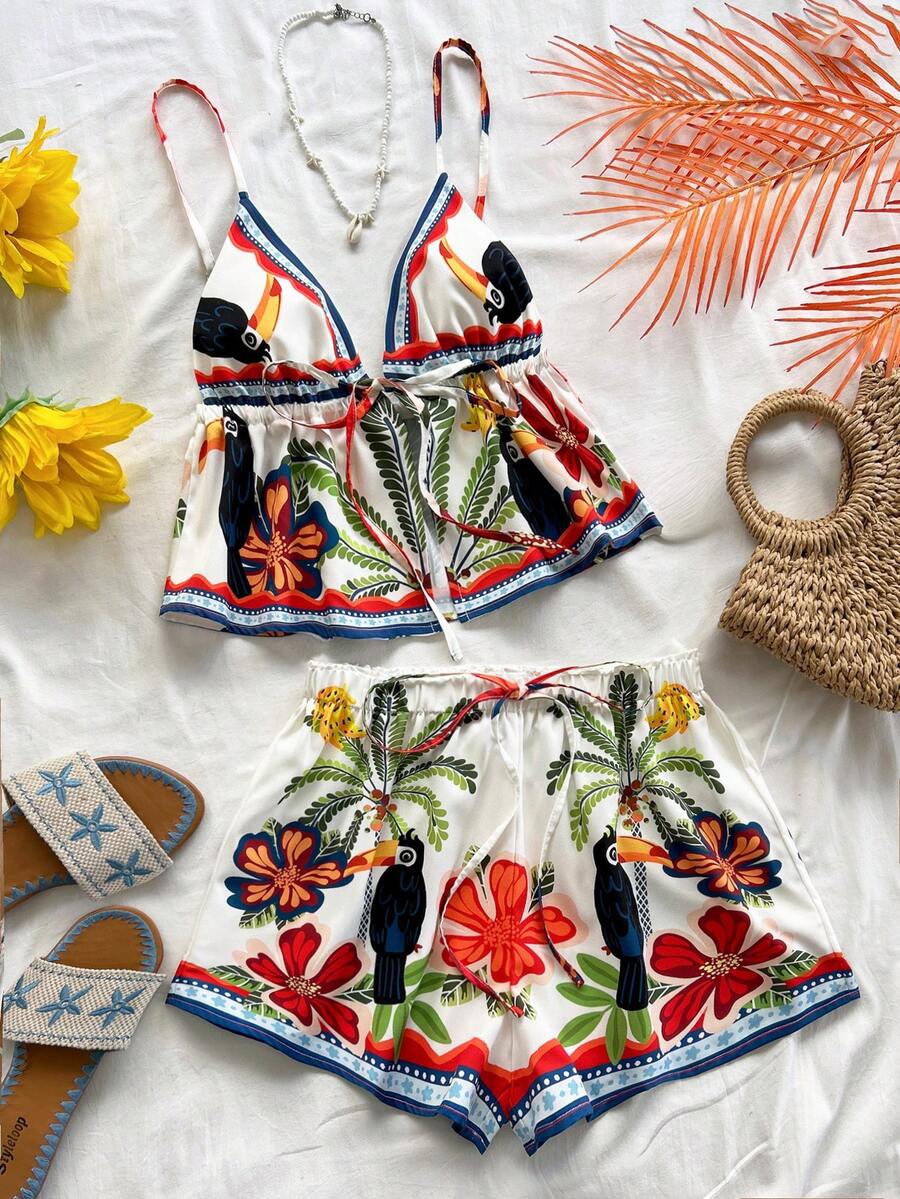 Soleia Women's Tropical Plant Print Camisole And Shorts Casual 2 Pieces Set - Multicolor - View 1