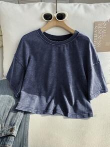 Comfortcana Plus Size Short Sleeve Cotton T-Shirt, Washed Snowflake Design, Spring - Navy Blue - View 4