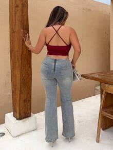 Maria Perezxox 性感复古铆钉系带低腰牛仔裤 - 中等水洗藍 - 查看 2