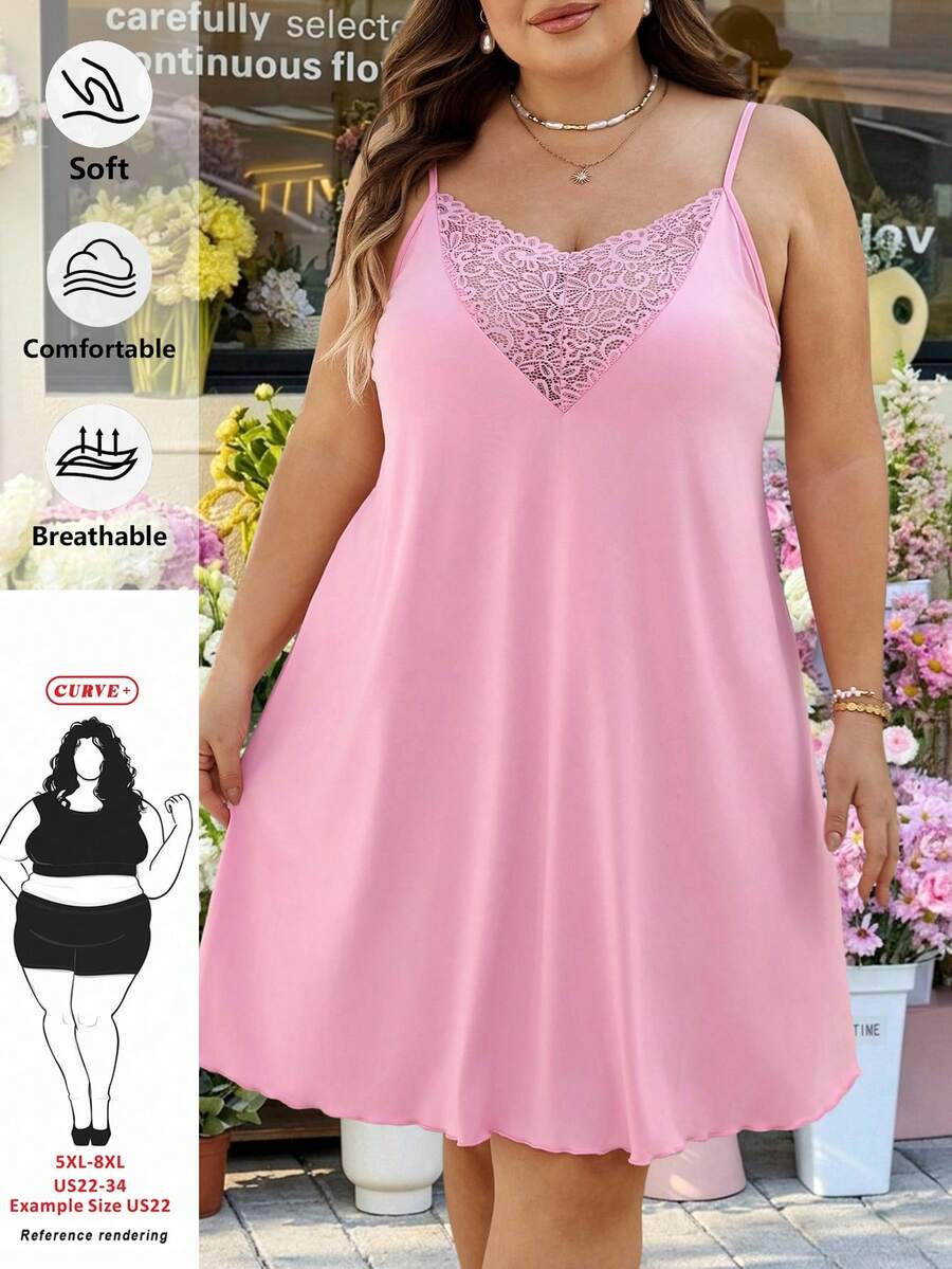 SHEIN CURVE+ Curve Size US22 音樂節海邊度假波希米亞風女款對比蕾絲優雅背心洋裝,性感細肩帶對比蕾絲洋裝 - 粉色 - 查看 1