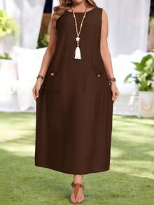 Rosumi Plus Size Solid Color Minimalist Sleeveless Round Neck Dress, Everyday Wear/Summer/Spring/Vacation - Coffee Brown - View 8