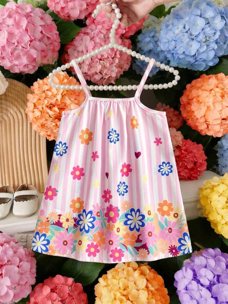 SHEIN Baby Girls' Summer Dress, Fashionable Sweet Versatile Spaghetti Strap Dress, Suitable For Outings, Daily Wear, And Vacation Baby Girl Floral Dress Toddler Sundresses Toddler Sun Dresses Toddler Floral Dress Toddler Casual Dresses - Pink - View 1