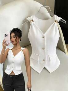 Selianne Women's White Summer Elegant Sexy Brunch Date Night Casual V-Neck Sleeveless Vest, Metal Decor Button, Fitted Waist, Holiday Beach, 2026 Carnival Top - White - View 1