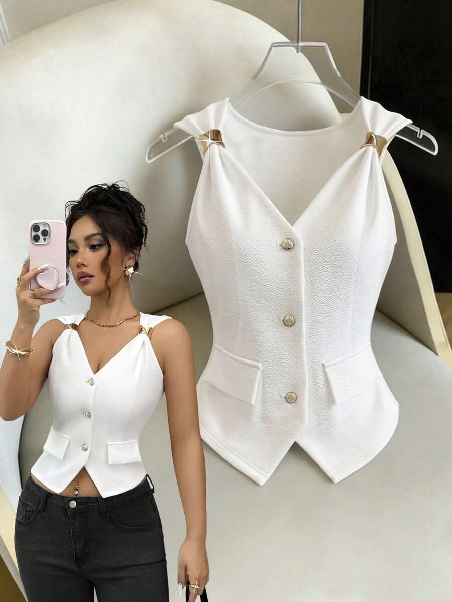 Selianne Women's White Summer Elegant Sexy Brunch Date Night Casual V-Neck Sleeveless Vest, Metal Decor Button, Fitted Waist, Holiday Beach, 2026 Carnival Top - White - View 1