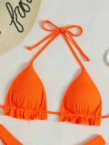 Vaytide Summer Beach Neon Orange Ribbed Bikini Set Frill Trim Halter Triangle Bra Top & High Cut Bikini Bottom 2 Pieces Bikini, Bathing Suit - Orange - View 5
