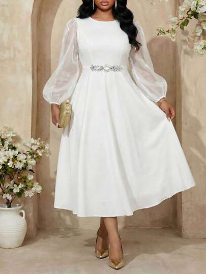 Fleurora Spring, Summer, Autumn And Winter Elegant Retro Black Diamond Button Work Wedding Cocktail Party Colorful Knitted Chiffon Round Neck Bishop Sleeve A-Line Skirt Plus Size Dress Prom Dress Elegant Dresses For Women