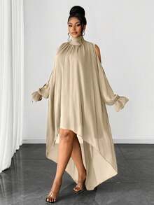 Maweii Vestido de manga larga con dobladillo asimétrico de unicolor talla grande - Albaricoque - Ver 5