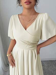 Elenzga Plus Size Women's V-Neck A-Line Chiffon Dress With Ruffle Sleeves, Elegant And Romantic - Apricot - View 5