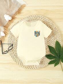 Áo liền thân tay ngắn cổ tròn in hình hoạt hình dễ thương, phong cách mùa xuân hè cho bé trai, thời trang thường ngày, sáng tạo, cá tính, tươi mới, tối giản, họa tiết mặt hoạt hình, kẻ caro, hình ván trượt, tia chớp, ngôi sao, chữ cái và khẩu hiệu, in hình đồ họa. Trang phục thoải mái hàng ngày, phong cách mùa hè ấm áp phù hợp với không khí mùa xuân và hè của bé trai. - Màu Khaki - Xem 2