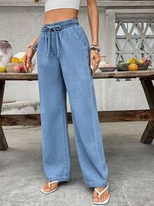 Breezaya Women's Casual Vacation & Commute Versatile Drawstring Waist Slant Pocket Straight Leg Jeans - Baby Blue - View 3
