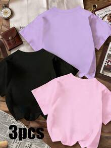 3件装女童卡通K-POP女孩图案T恤，女团风格印花紫色、黑色、粉色T恤，适合夏季穿着 - 粉色 - 查看 2