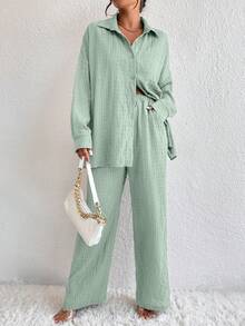 EMERY ROSE Conjunto casual de 2 piezas de blusa de manga larga con botones delanteros de unicolor y pantalones con bolsillos en diagonal para mujer - verde menta - Ver 3