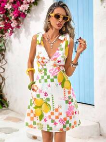 Vivid Eden Vestido Casual Curto Feminino com Estampa Floral e de Limão para Férias/Encontros - Rosa chiclete - Visão 6