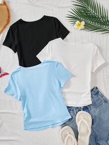 3pcs Girls Knit Square Collar Short Sleeve T-Shirts,Blue And White Stripe,Summer,Casual,School Vacation Fashion Design Versatile Tops For Daily Wear - Multicolor - View 2
