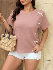SHEIN Frenchy Áo thun mùa hè cỡ lớn kiểu dáng thường ngày với nơ trang trí và đường xẻ bên hông. - Hồng - Xem 4