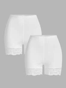 SHEIN Essnce Set de 2 leggings de encaje con parches para mujer de talla grande - Blanco - Ver 1