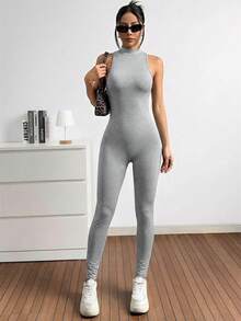 SHEIN EZwear 灰色针织无缝无袖连体裤 - 灰色 - 查看 4