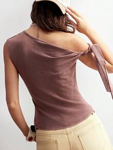 Bohemela 女士休闲纯色针织水洗修身不对称肩部上衣 - 咖啡棕 - 查看 7