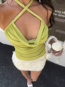 Aloruh Áo camisole ôm sát cổ xếp ly, trang trí bện dành cho nữ - màu xanh lá - Xem 9