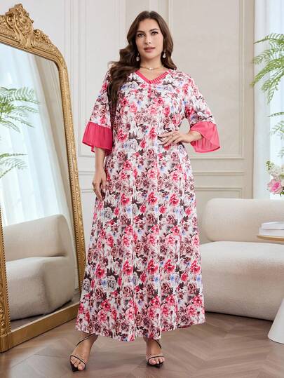 Al Najma Đầm kiểu Ả Rập tay xòe thanh lịch họa tiết hoa dành cho nữ cỡ lớn