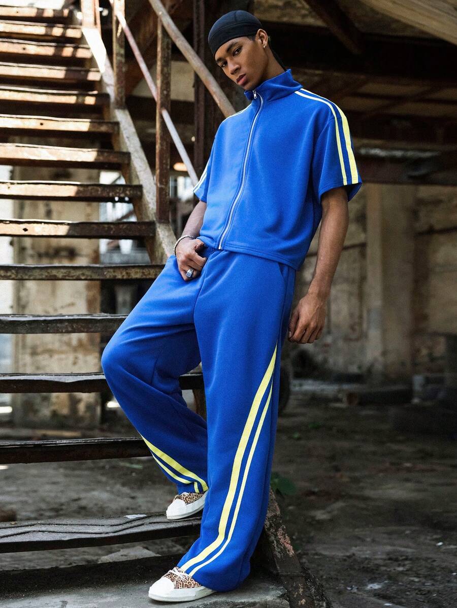 PAVTROS Men's Contrast Color Short Sleeve Shirt And Pants Set Mens Two Piece Set Blue Tracksuit Men Men Clothes Two Piece Mens Clothing Tracksuit Summer Track Suit For Men - Navy Blue - View 1