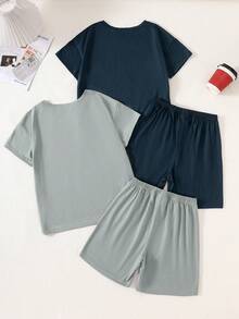 Conjunto de 4 piezas de pantalones cortos y camiseta de manga corta de estilo casual y holgado para niños, en azul marino y azul claro, con bordado de cactus, cómodo y suave, estilo minimalista para usar en verano - Multicolor - Ver 2