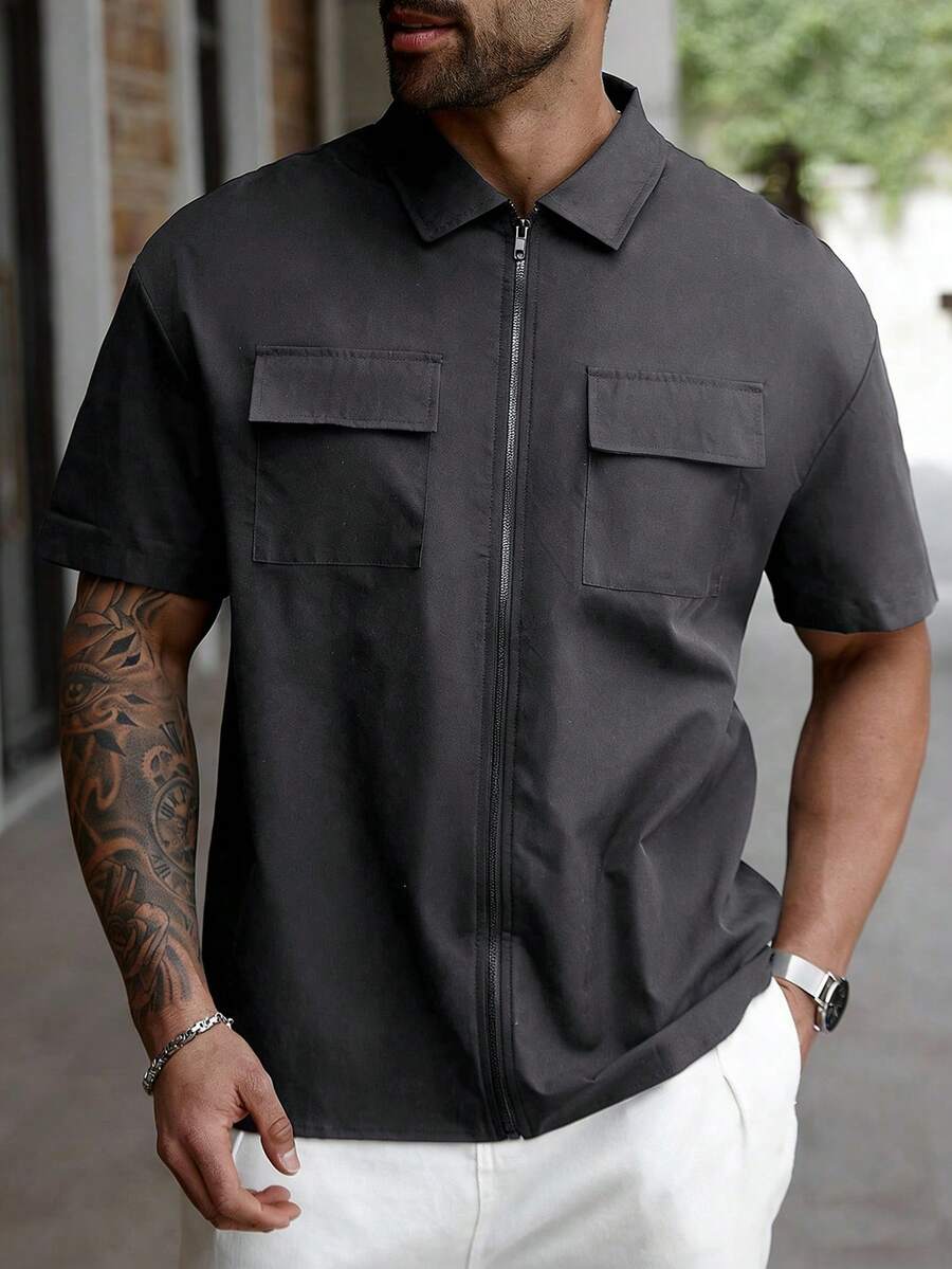 Manfinity Homme Plus Size Men's Casual Zipper Short Sleeve Shirt Jacket, Minimalist Design For Daily Wear - Dark Grey - View 1