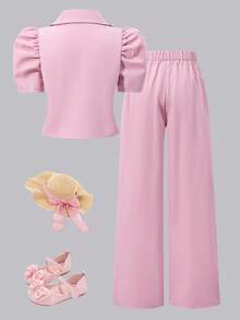 SHEIN Conjunto informal de niña preadolescente con chaqueta de manga de pétalo de un solo botonadura de unicolor y pantalones de pierna ancha - Rosa Pálido - Ver 2