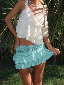 Sydney Algeri Chân váy dệt kim ngắn kiểu dáng nghỉ mát dành cho nữ, viền bèo nhún. - Màu xanh Bạc hà - Xem 3