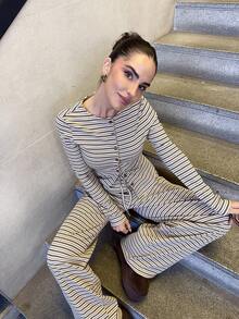 Marta Soriano 2 件套女士休闲条纹前扣长袖上衣和阔腿裤套装，秋季 - 彩色 - 查看 4
