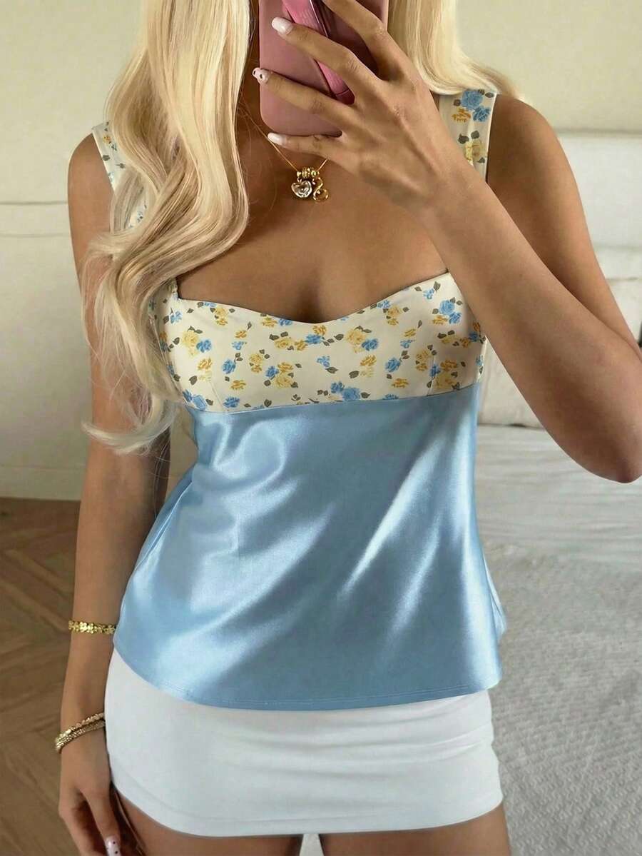 CovetEZ 2026新款甜美奶油黄碎花蓝色休闲派对亮面缎面粉色波点撞色拼接露背系带吊带背心（女款） - 彩色 - 查看 1