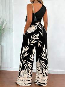 MYSTAURA 2 件女式修身单肩上衣（配腰带）和直筒印花裤，套装 - 黑色 - 查看 2