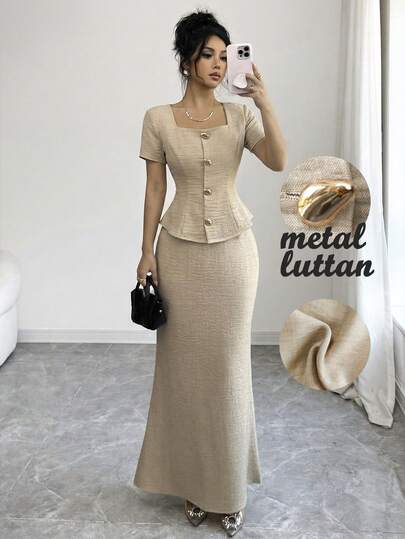 Elenzga Elegant Tailored Beige Square Collar Waist Fitted Fishtail Dress, Suitable For Formal Occasions, Casual Commute, Brunch, Weekend Outings, City Strolls, Vacation, Valentine's Day Romantic Dates And Other Occasions