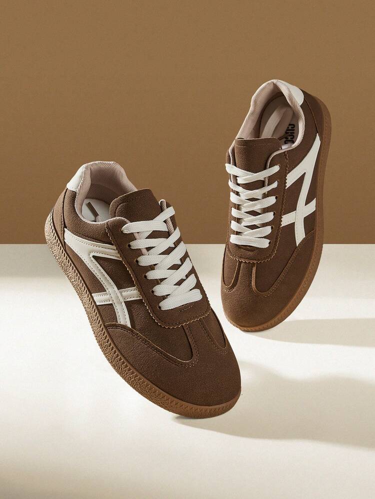 CUCCOO EASI Women's Shoes Color Matching Design Lace-Up Round Toe Flat Bottom Casual Sports Shoes Casual Style Dark Brown Casual Sports Shoes Daily Outdoor Sports