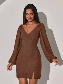 EURMUSE Plus Size Women Surplice Neck Lantern Sleeve Split Hem Fitted Dress - Brown - View 4