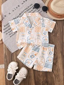 SHEIN Vintaside Kids 男婴春夏清新风格套装 - 翻领前开短袖植物印花衬衫和配套短裤，适合户外玩耍、居家舒适、休闲聚会的休闲装 - 杏色 - 查看 3