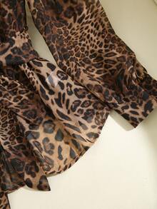 Franclia Women's Pleated Round Neck Button Bow Tie Leopard Print Blouse - Coffee Brown - View 3