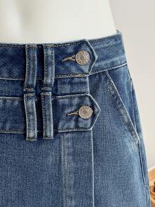 Elamini Women's Casual Denim Skirt With Button Waist Design - Medium Wash - View 5