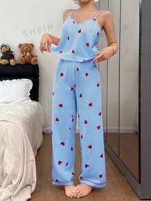 Napfluff Conjunto de pijama de camiseta de tirantes y pantalones con estampado de corazones a rayas y efecto arrugado para mujer - Azul - Ver 2