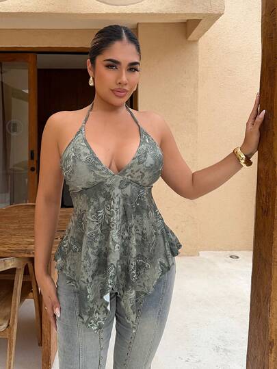 Maria Perezxox 女士复古露背蝴蝶印花细肩带吊带背心