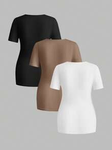 Modmama Set de 3 blusas de manga corta de unicolor con pliegues y función de lactancia para mujeres embarazadas, de uso casual diario - Camel - Ver 2