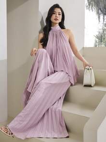 Heiryn 新款法式度假风褶皱系领衬衫+休闲阔腿裤套装 - 藕粉色 - 查看 7