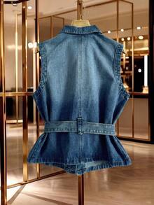 GlowEve Women's Single-Breasted Knotted Casual Versatile Daily Wear Denim Jacket - Blue - View 2