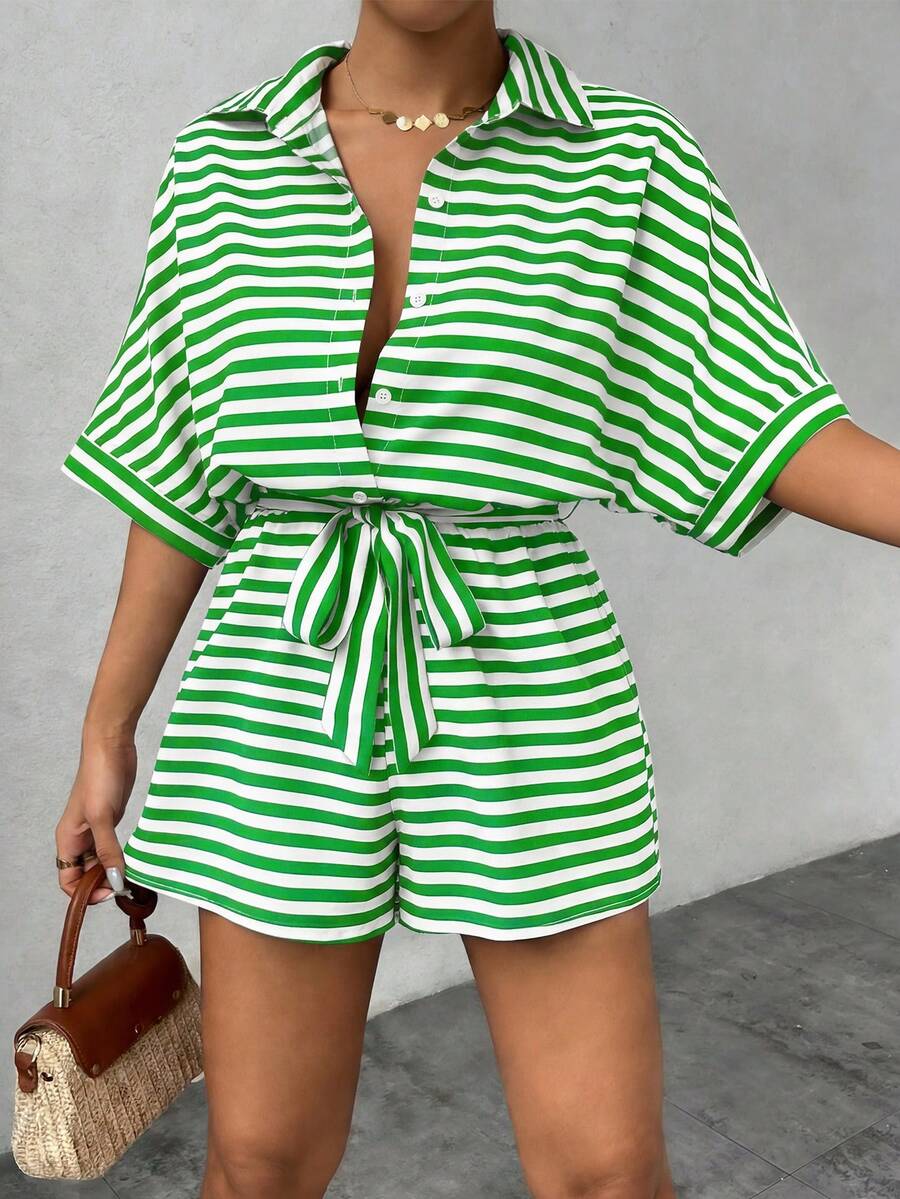 EMERY ROSE Women's Green Striped Casual Romper, Summer Spring Collared Button-Down Short Sleeve Jumpsuit - Multicolor - View 1