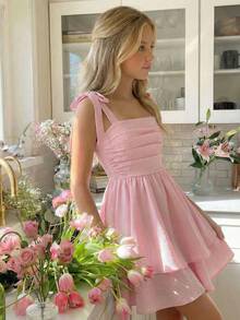SHEIN Soft Pink,Summmer,Modest,Picnic Tween Girls Elegant Spaghetti Strap Bowknot Ruched Waist A-Line Layered Textured Dress For Tea Party Easter Vacation - Pink - View 7