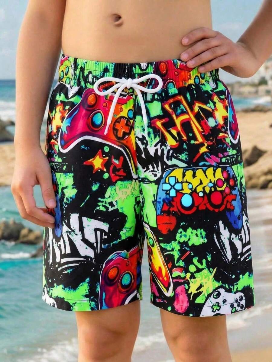 SHEIN Quần bơi ngắn cá nhân hóa cho bé trai, thiết kế in hình lá cọ, thoải mái và phù hợp cho hồ bơi và bãi biển. - Nhiều màu - Xem 1