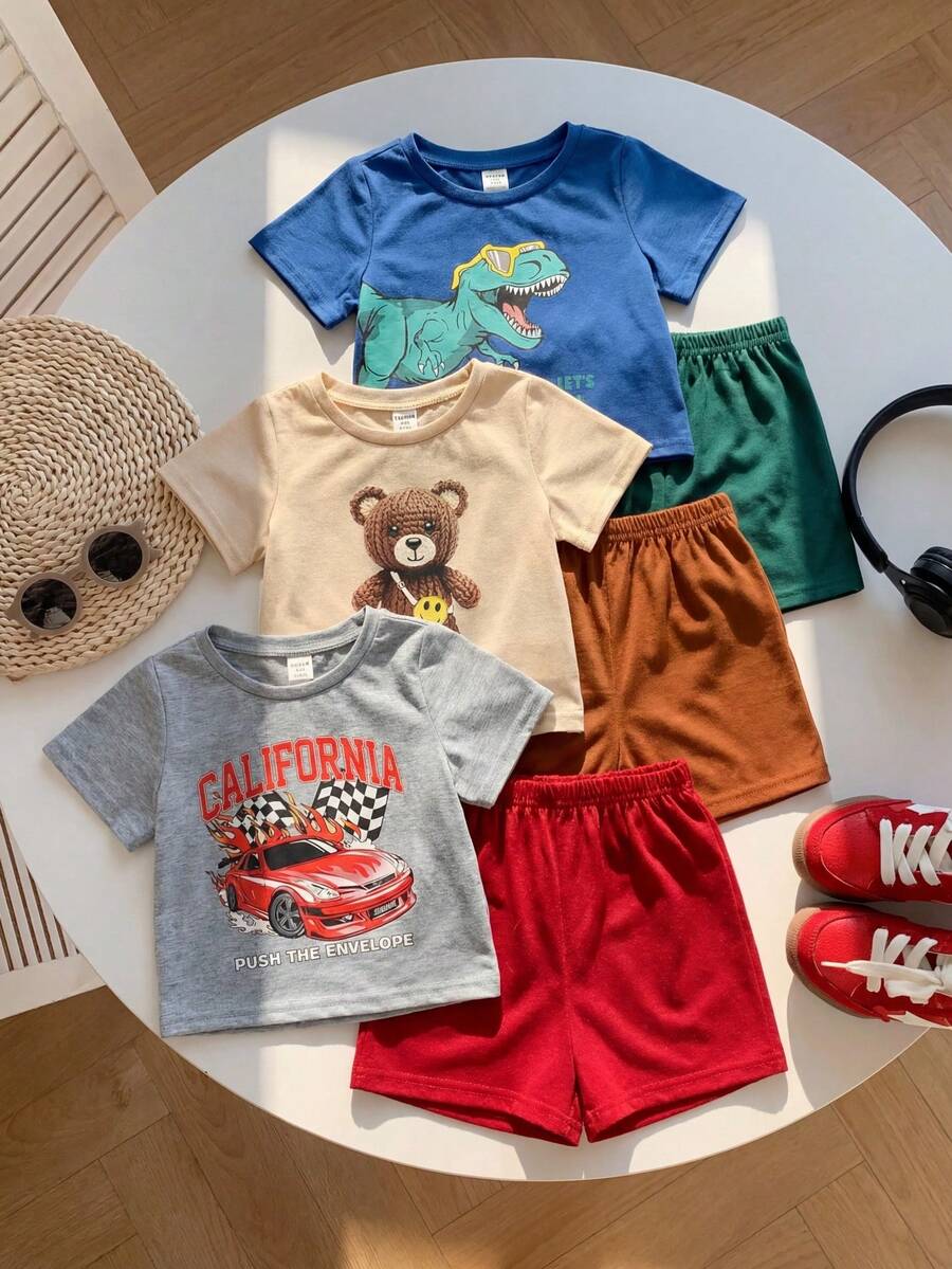 SHEIN 6pcs/Set Baby Boy Cute Summer Casual Knit Cartoon Pattern Short Sleeve T-Shirt And Shorts Set, Basic Cartoon Multi-Piece Suit, Summer Outfit - Multicolor - View 1