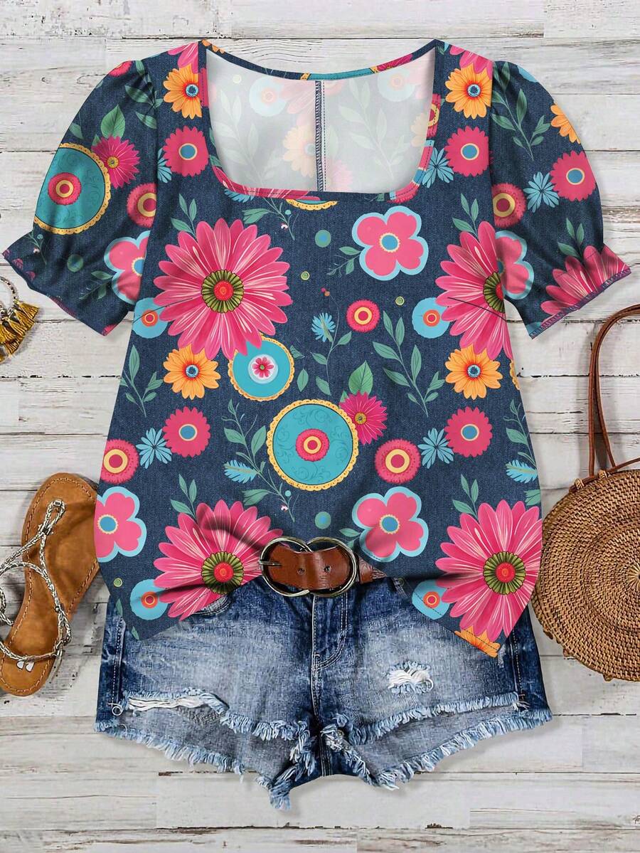 EMERY ROSE Camisa informal con estampado floral, adecuada para el verano, talla grande - Multicolor - Ver 1