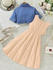 SHEIN Summer  2pcs/Set Casual Denim Jacket And White Dress - Apricot - View 2